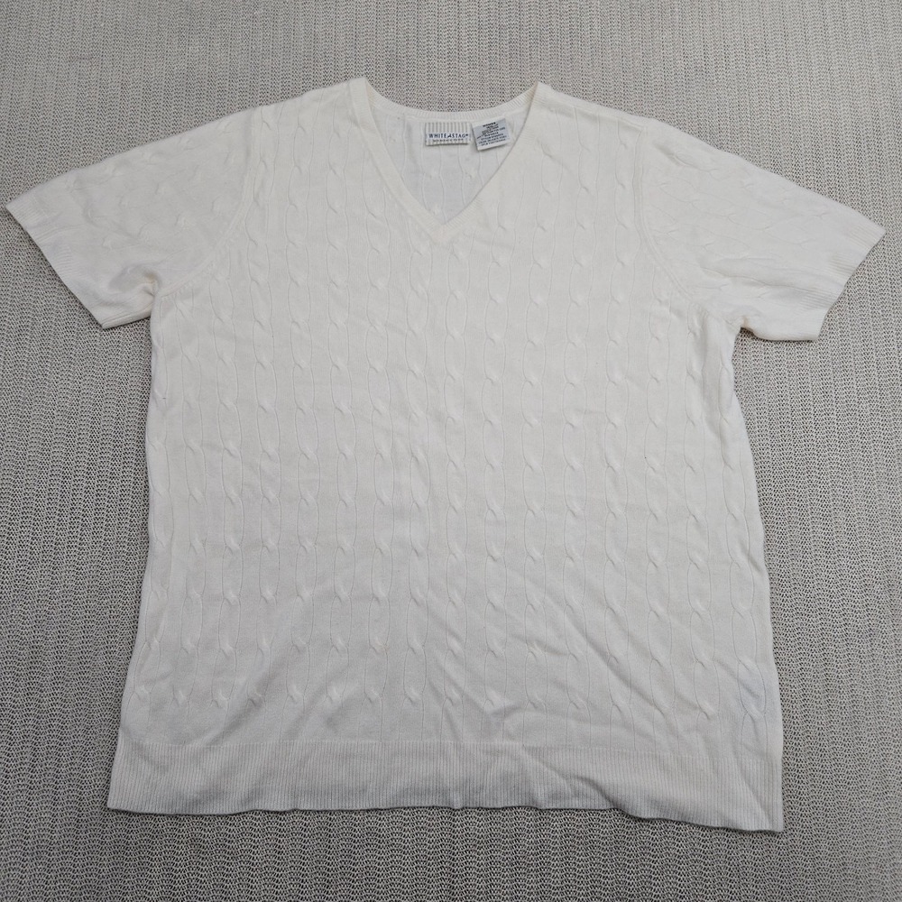 White Stag Shirt Top Womens 16W White Cable Knit V Neck Short Sleeve Plus Soft